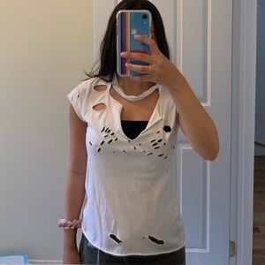 White ripped cut tee shirt with triangle v neck